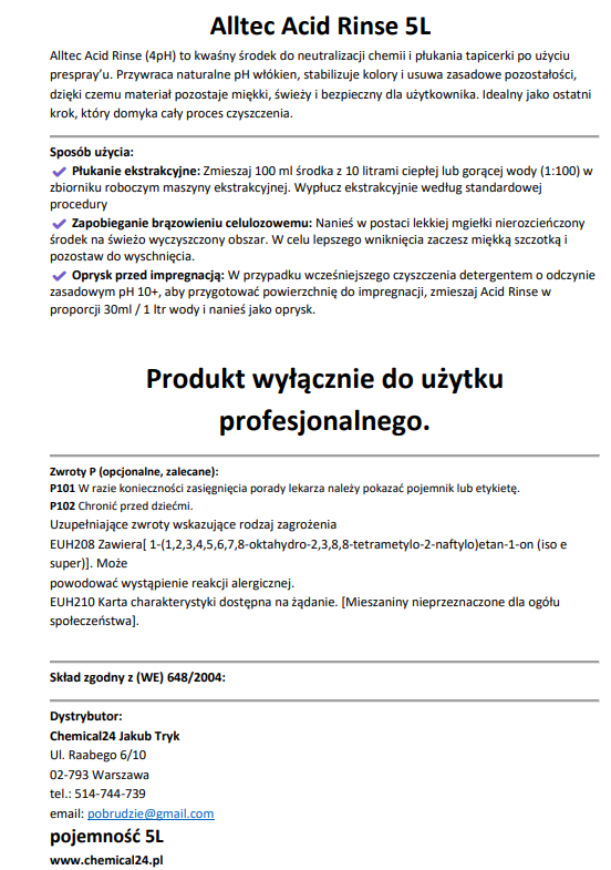 Alltec Acid Rinse 5L (4.5Ph) - Kwaśny Detergent Do Płukania Tapicerek Meblowych I Wykładzin 2 - Acid Rinse - Chemical24.Pl Alltec acid rinse 5l (4. 5ph) - kwaśny detergent do płukania tapicerek meblowych i wykładzin - obrazek 2